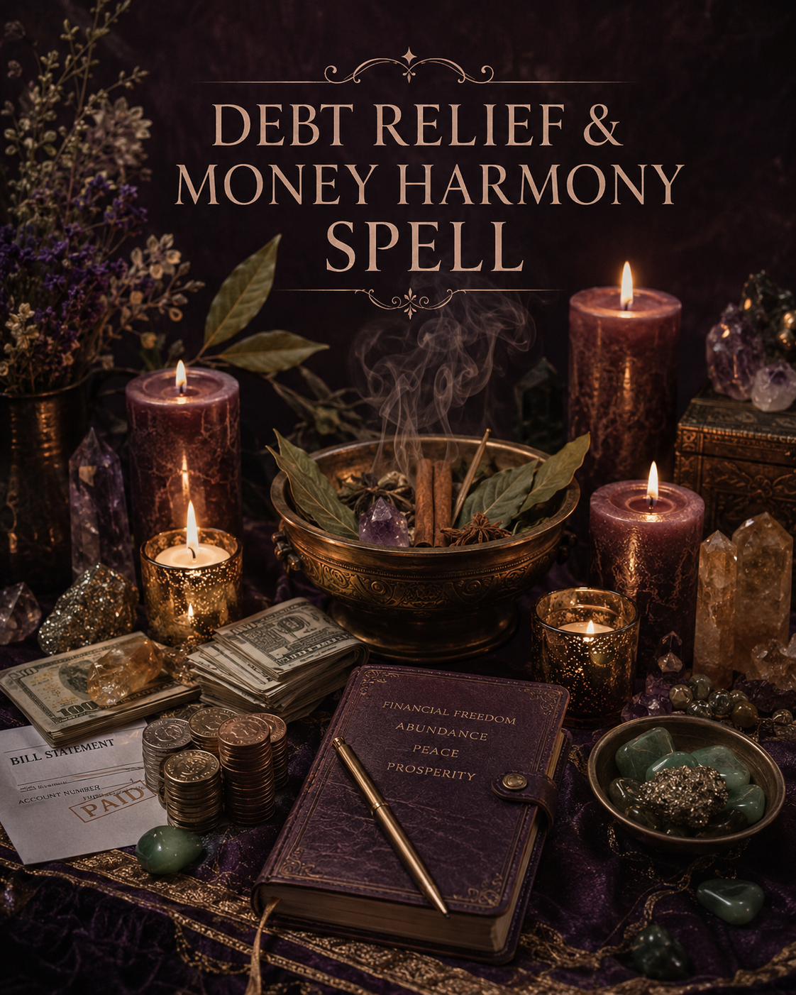 Debt Relief and Money Harmony Spell ritual altar with candles, herbs, crystals, money, and spiritual tools for financial balance and clarity.