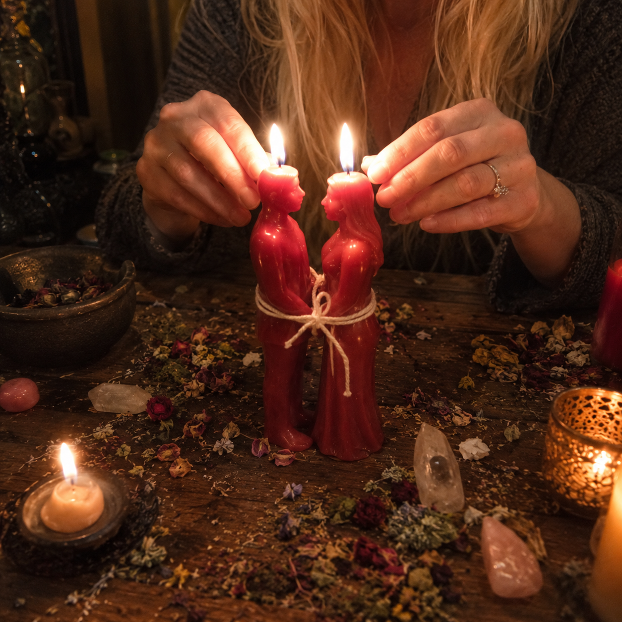 Realistic cellphone-style photo of the Get Your Ex Back Spell ritual with two red figure candles tied together, candlelight, herbs, crystals, and Belinda preparing a private reconciliation spell casting.
