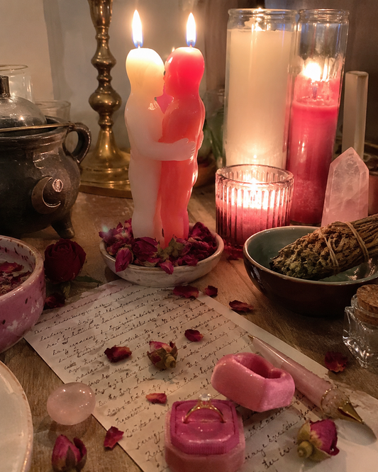 Marry Me Spell altar ritual with couple candles, rose petals, proposal ring, crystals, handwritten petition, and candlelit romantic setup.