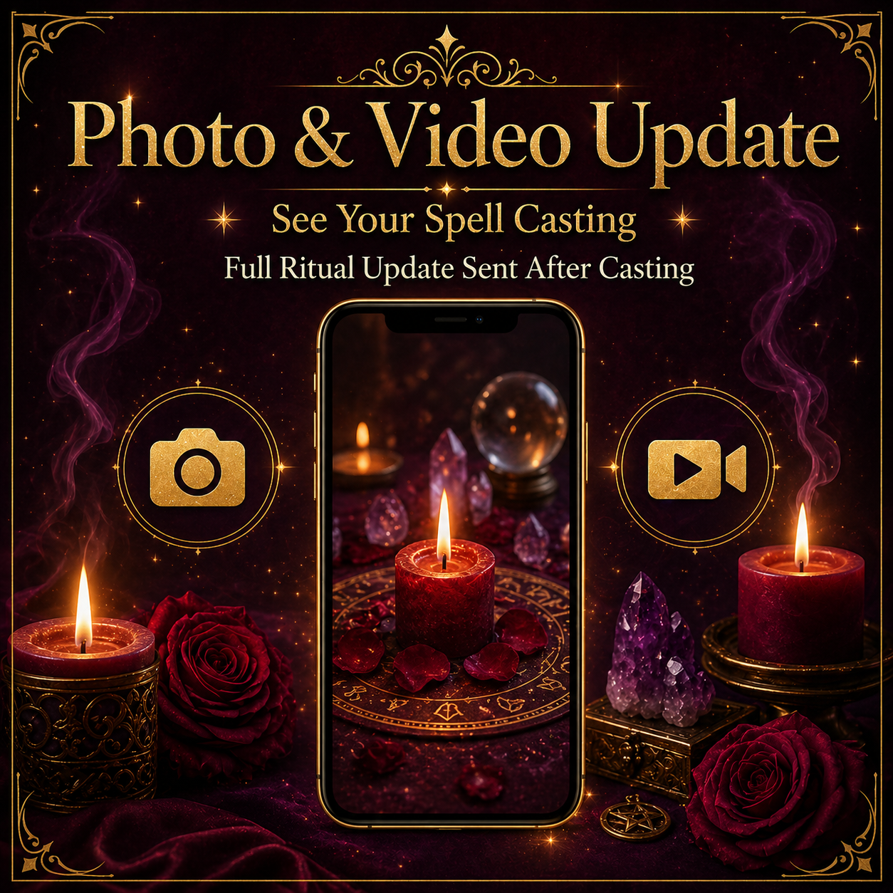 Photo and video update image for Obsession Spell showing a phone screen mockup with a candle ritual and camera video icons
