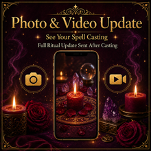 Load image into Gallery viewer, Photo and video update image for Obsession Spell showing a phone screen mockup with a candle ritual and camera video icons