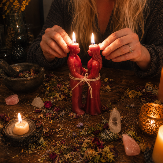 Real love spell with red figure candles, herbs, crystals, and Belinda preparing a private candlelit love ritual