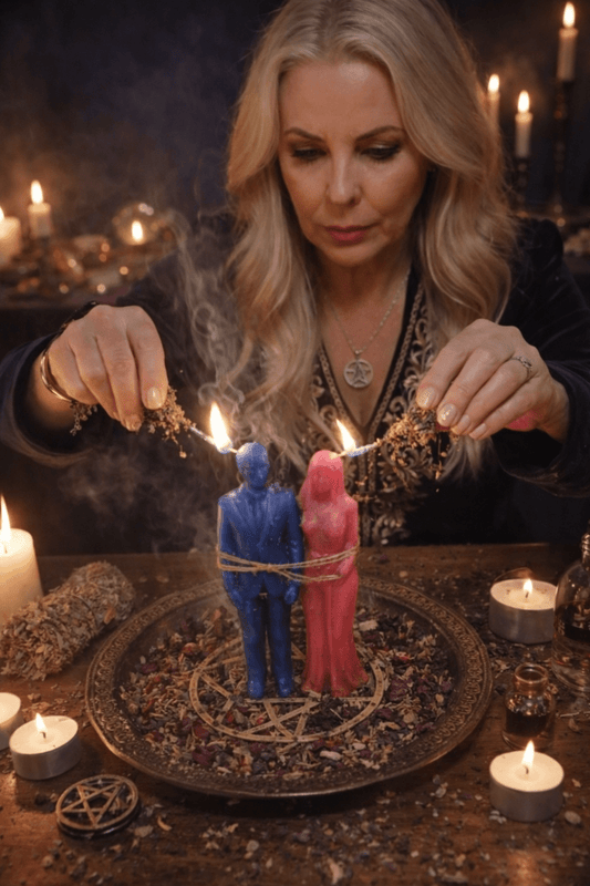 Belinda performing a custom reconciliation spell ritual binding blue and pink figure candles to heal relationship conflict.