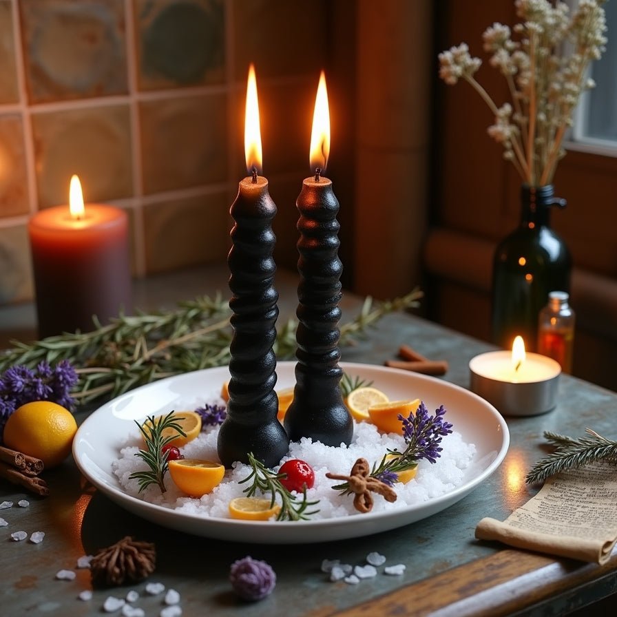 Twisted black candles on a bed of salt and citrus for the Get Even Curse and justice ritual.