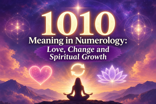 1010 meaning in numerology with spiritual growth, love, change, meditation, lotus flower, and glowing angel number symbolism.