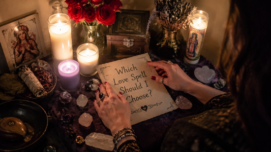 Choosing which love spell should i choose from a spread of candles, roses, crystals, and spell notes on a wooden table
