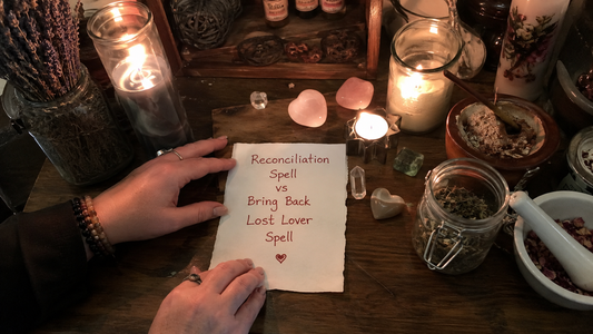 Reconciliation spell vs bring back lost lover spell comparison image with candles, herbs, and heart symbols for love restoration