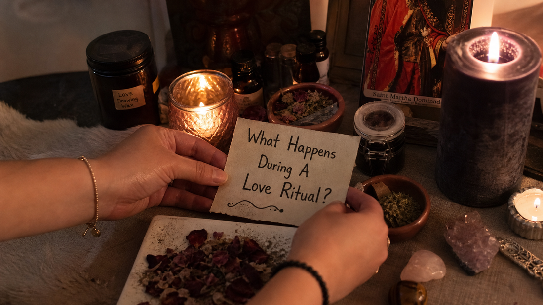 A candlelit altar with roses, crystals, and a ritual bowl illustrating what happens during a love ritual