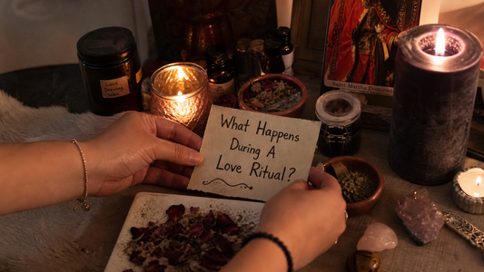A candlelit altar with roses, crystals, and a ritual bowl illustrating what happens during a love ritual