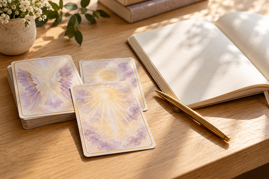 Open blank journal and gold pen beside angel-themed cards on a sunlit wooden table.