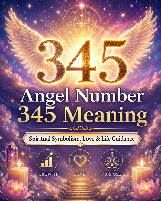 Angel number 345 meaning with angel wings, candles, crystals, and spiritual guidance symbols for love, growth, and life purpose