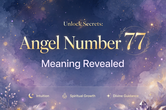 Angel Number 77 meaning revealed with spiritual guidance, intuition, divine signs, love energy, and twin flame symbolism on a mystical purple starry background.