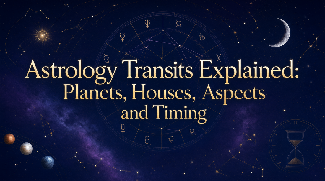 Astrology transits explained with zodiac chart, planets, crescent moon, constellations, and hourglass symbol for timing in spiritual astrology.