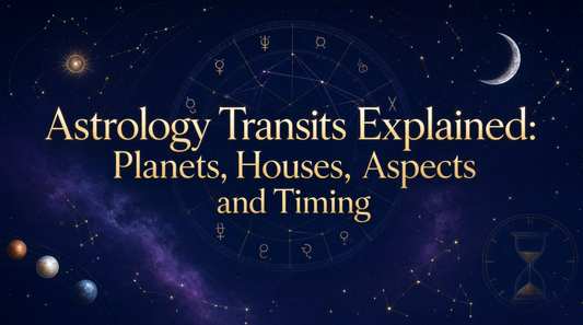 Astrology transits explained with zodiac chart, planets, crescent moon, constellations, and hourglass symbol for timing in spiritual astrology.