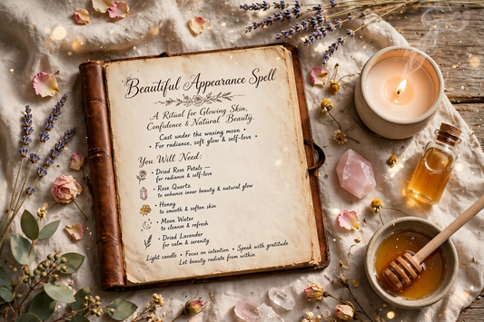 Beautiful Appearance Spell ritual image with rose petals, lavender, honey, rose quartz, candlelight, and a spell book for glowing skin, confidence, and natural beauty.