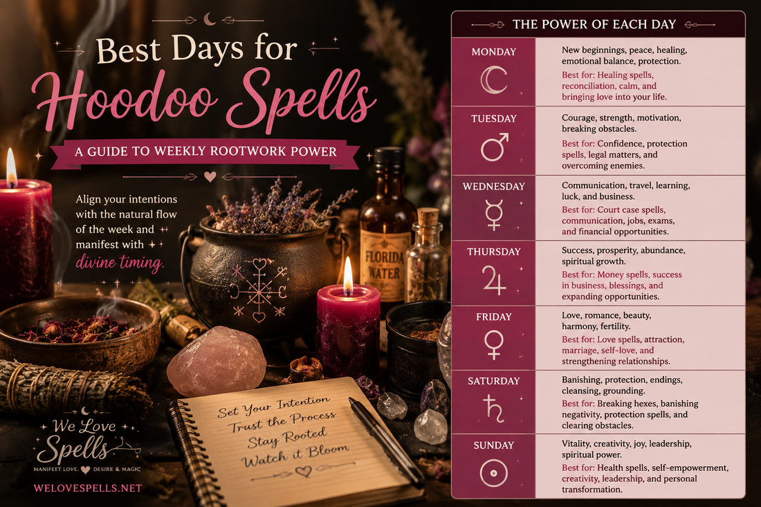 Best days for Hoodoo spells weekly rootwork guide with candles, herbs, crystals, ritual tools, and spell timing by We Love Spells.