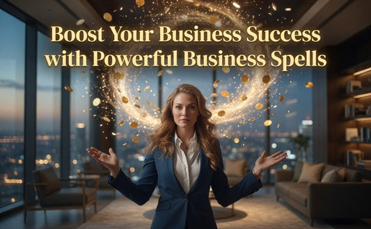 Business success spell ritual for prosperity, growth, and financial abundance with golden energy and coins around a professional woman.