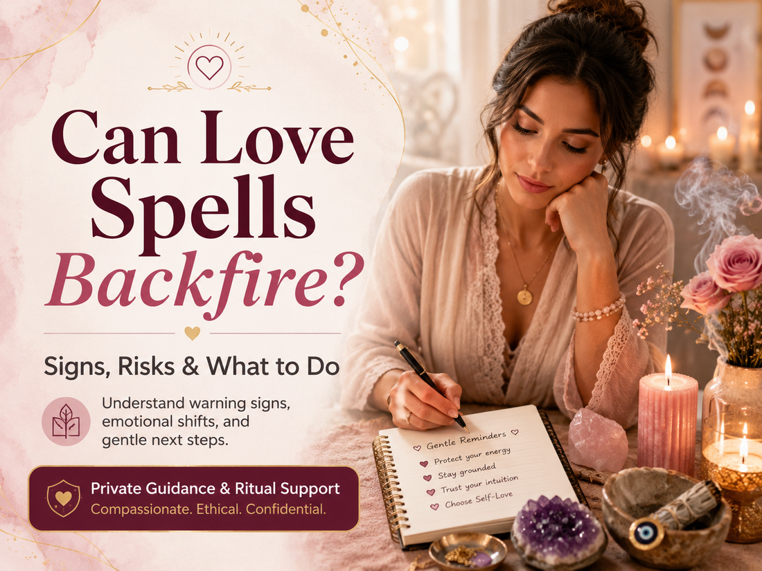 Trust-building blog image for Can Love Spells Backfire? Signs, Risks and What to Do, showing a calm woman journaling beside candles, rose quartz, crystals, sage, and gentle reminders for grounding, protection, and ethical love ritual support.
