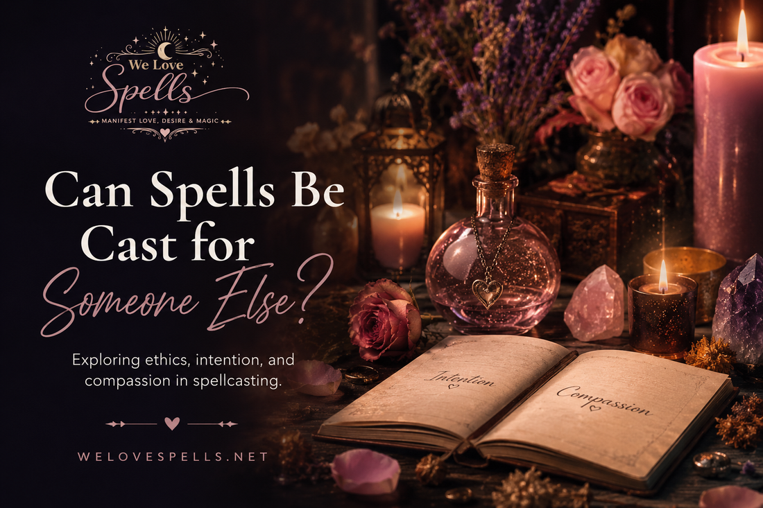 Can spells be cast for someone else ethical love spells blog image with candles, crystals, roses, and intention ritual tools by We Love Spells.