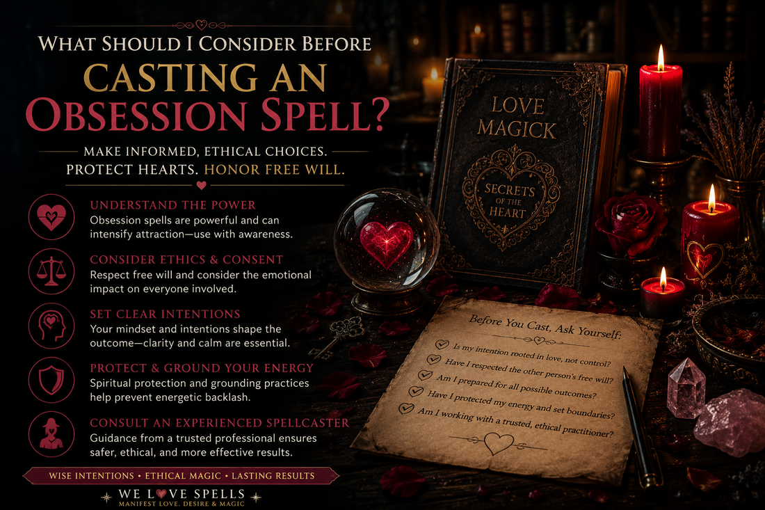 Obsession spell guide with red candles, crystals, love ritual tools, and ethical spellcasting questions by We Love Spells.