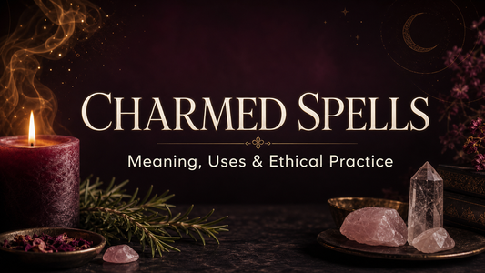Charmed spells candle ritual with crystals and herbs for ethical spiritual practice