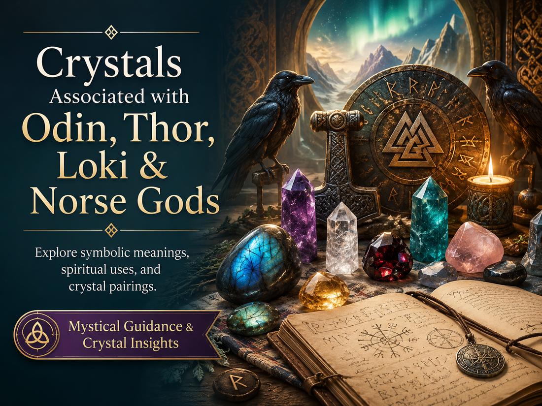 Trust-building blog image for crystals associated with Odin, Thor, Loki, and Norse gods, showing runes, ravens, a hammer symbol, candles, crystals, and a mystical Norse mythology setting.