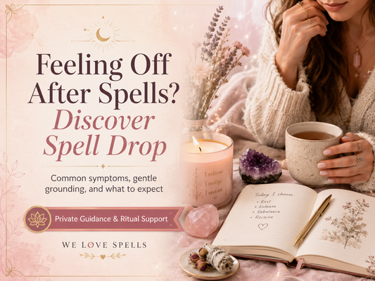 Trust-building blog image for Feeling Off After Spells? Discover Spell Drop, showing a calm self-care ritual scene with candle, crystals, journal, tea, and gentle grounding support.