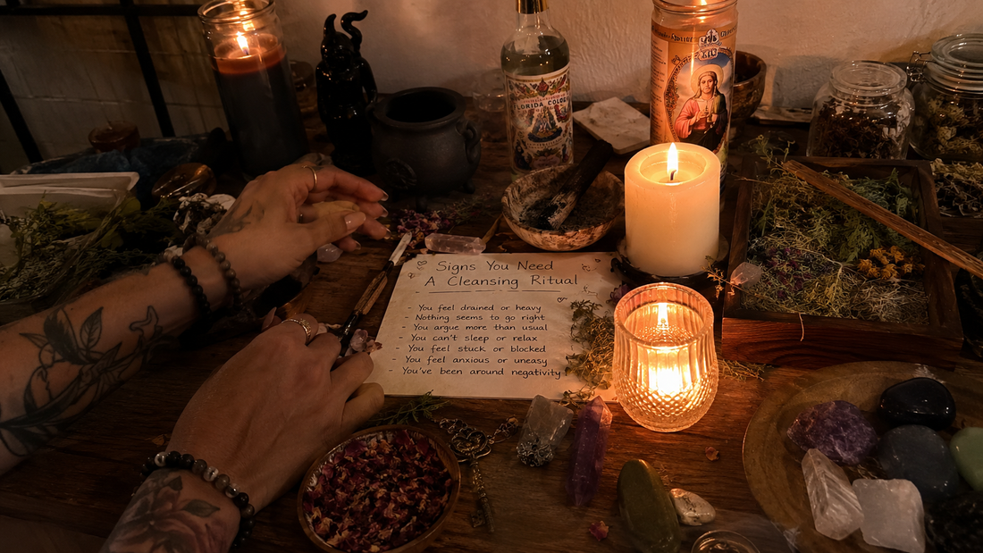 signs you need a cleansing ritual: a calm person lighting sage beside crystals and candles to clear negative energy from a room