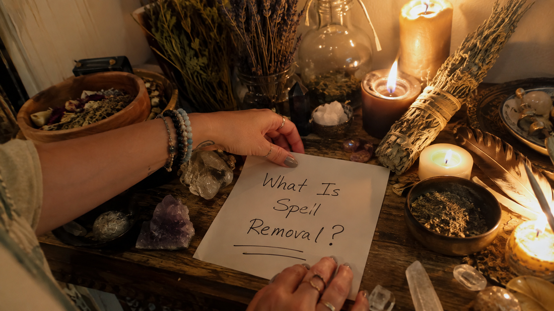 Spell removal guide illustrating what is spell removal with a cleansing ritual, candles, herbs, and protective symbols
