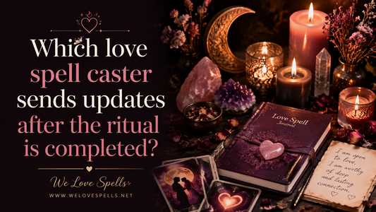 Which love spell caster sends updates after the ritual is completed?