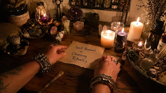 Spell removal vs cleansing rituals illustrated with candles, herbs, and crystals in a spiritual protection and purification setup