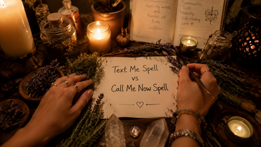 Text me spell vs call me now spell comparison image showing two phone spell options for love and communication rituals