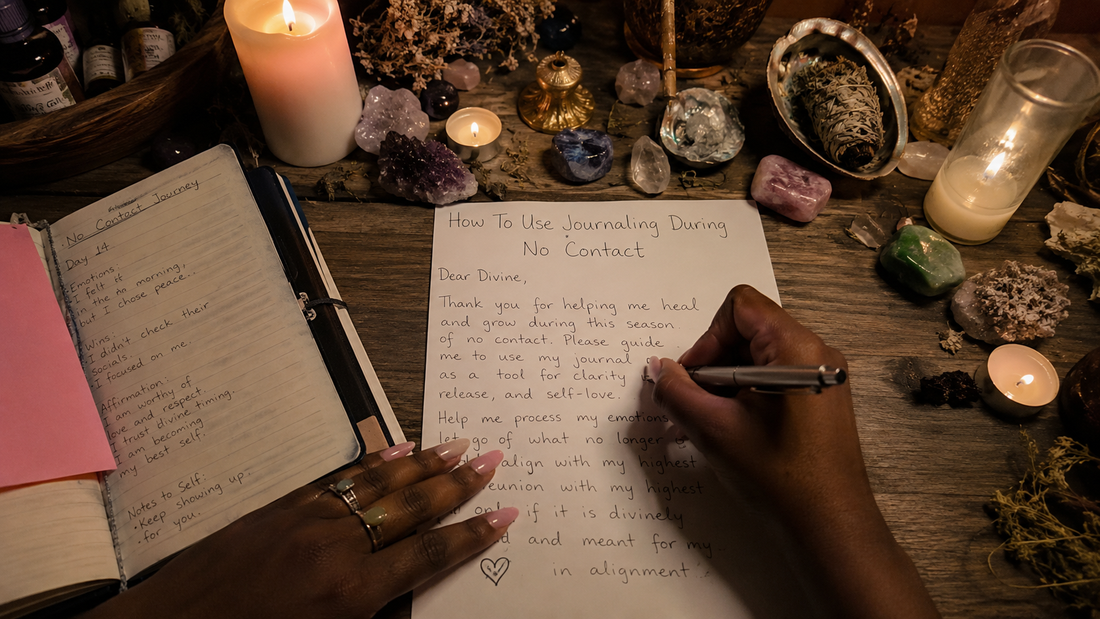 Woman writing in a journal beside a coffee cup, showing how to use journaling during no contact for emotional healing.