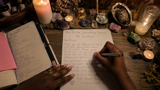 Woman writing in a journal beside a coffee cup, showing how to use journaling during no contact for emotional healing.