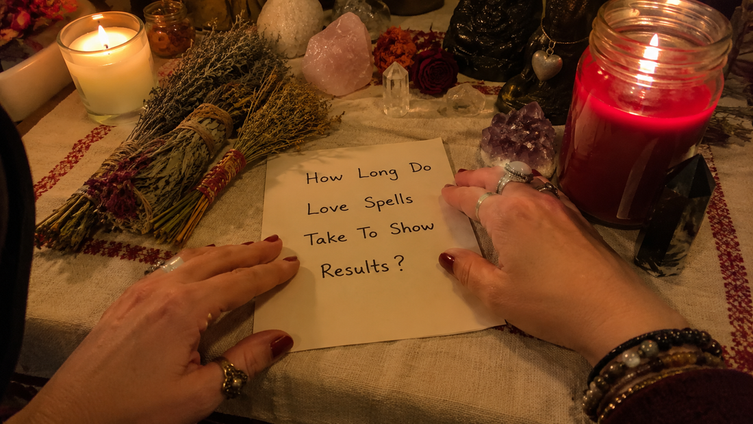 How long do love spells take to show results? A glowing candle and heart-shaped crystals symbolize magical attraction and romance