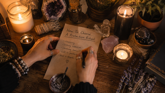 How to choose a protection ritual guide with candles, crystals, and cleansing tools arranged for a spiritual practice￼