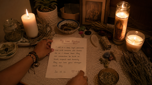Belinda performing a private love ritual with candles and herbs, illustrating how Belinda casts private love rituals remotely