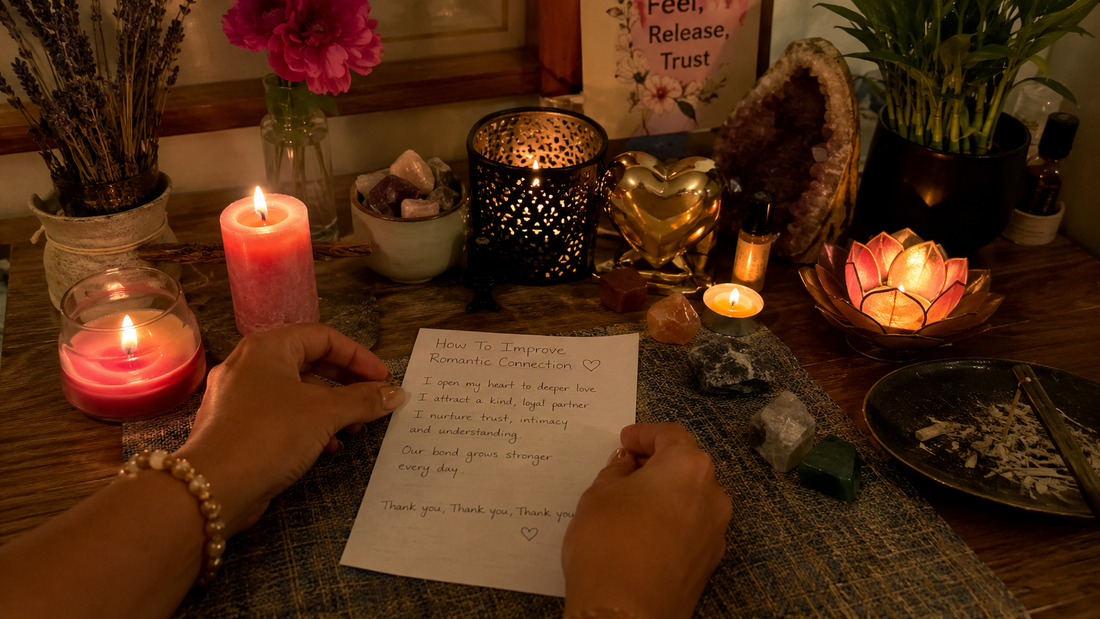 Couple holding hands and smiling on a cozy date night, showing how to improve romantic connection with simple, loving moments