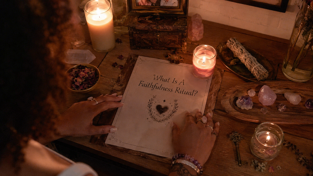 A serene altar with candles and flowers illustrating what is a faithfulness ritual in a spiritual setting