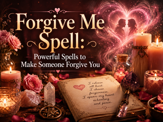 Forgive Me Spell ritual image with candles, roses, crystals, and the title Powerful Spells to Make Someone Forgive You for forgiveness and reconciliation