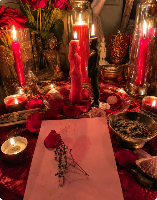 Illustrative altar scene with red and black figure candles, rose petals, crystals, and a paper petition