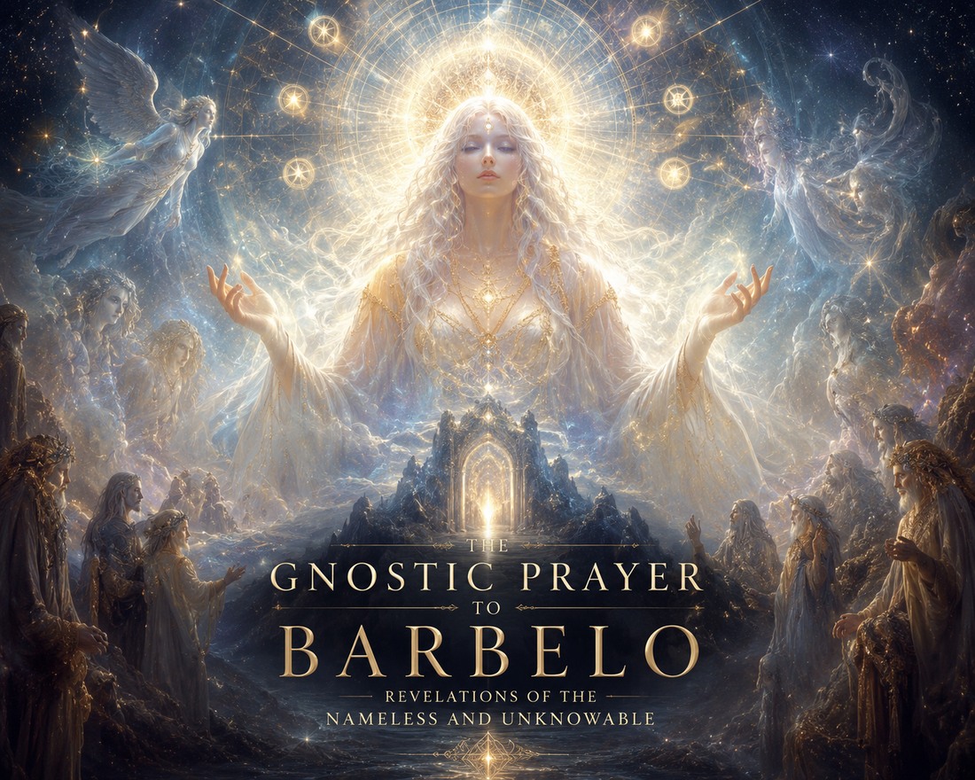 The Gnostic Prayer to Barbelo illustration showing Barbelo in Gnostic cosmology as the divine feminine emanation of the Nameless and Unknowable God surrounded by celestial beings and sacred light.
