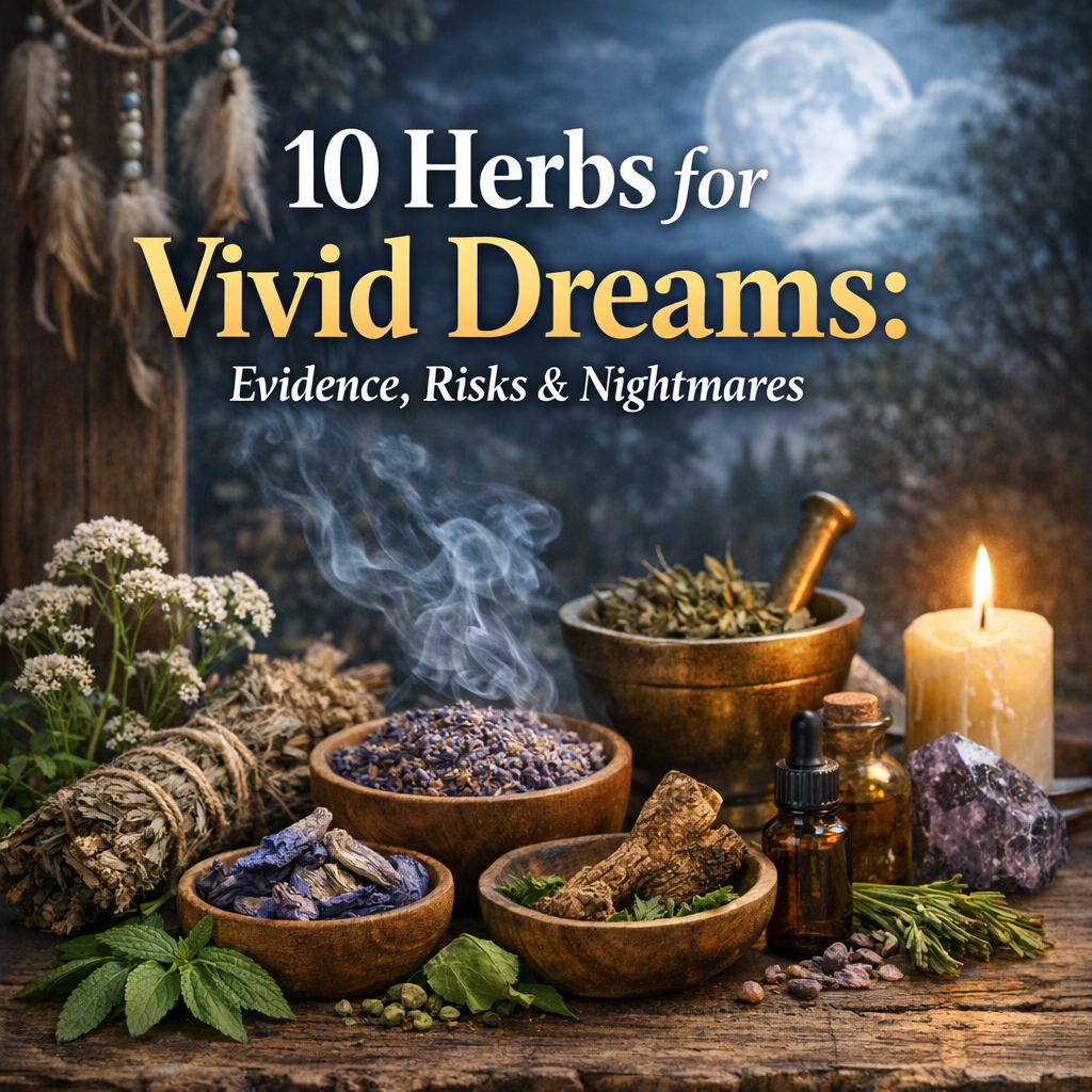 Assorted culinary and medicinal herbs representing plants associated with vivid dreams and nightmares.