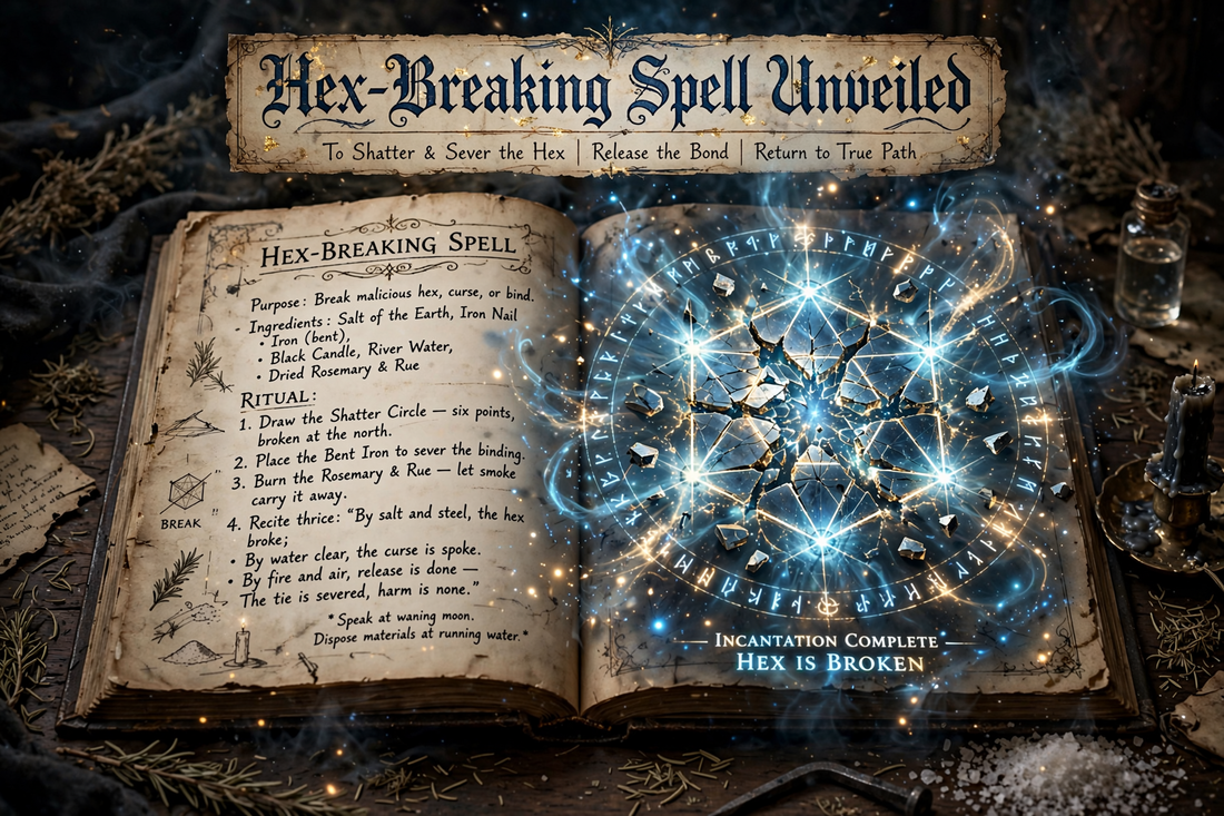 Hex Breaking Spell Unveiled ritual image with an open spell book, glowing protective circle, candles, herbs, and magical cleansing energy for spiritual protection.