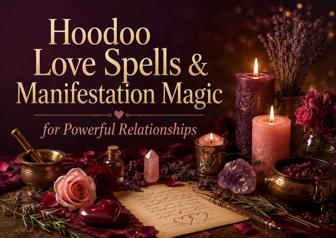 Hoodoo love spells and manifestation magic altar with candles, roses, crystals and herbs for powerful relationships