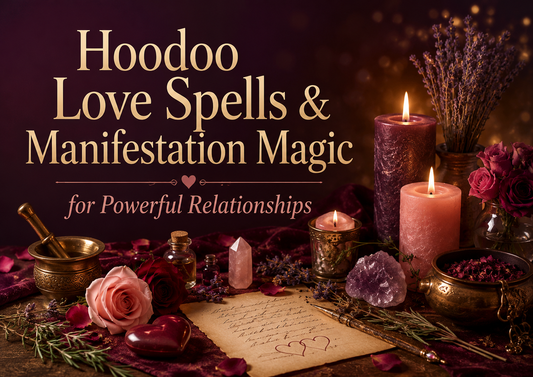 Hoodoo love spells and manifestation magic altar with candles, roses, crystals and herbs for powerful relationships
