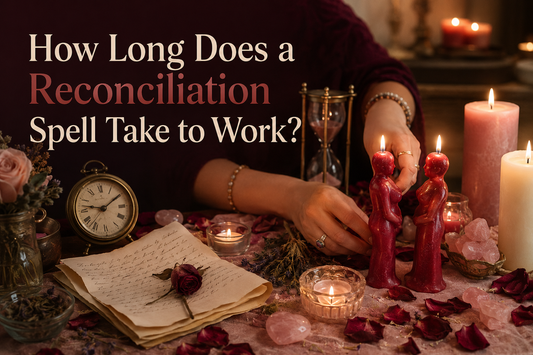 How long a reconciliation spell takes to work shown with a candlelit ritual altar, hourglass, clock, rose quartz and reconciliation candles