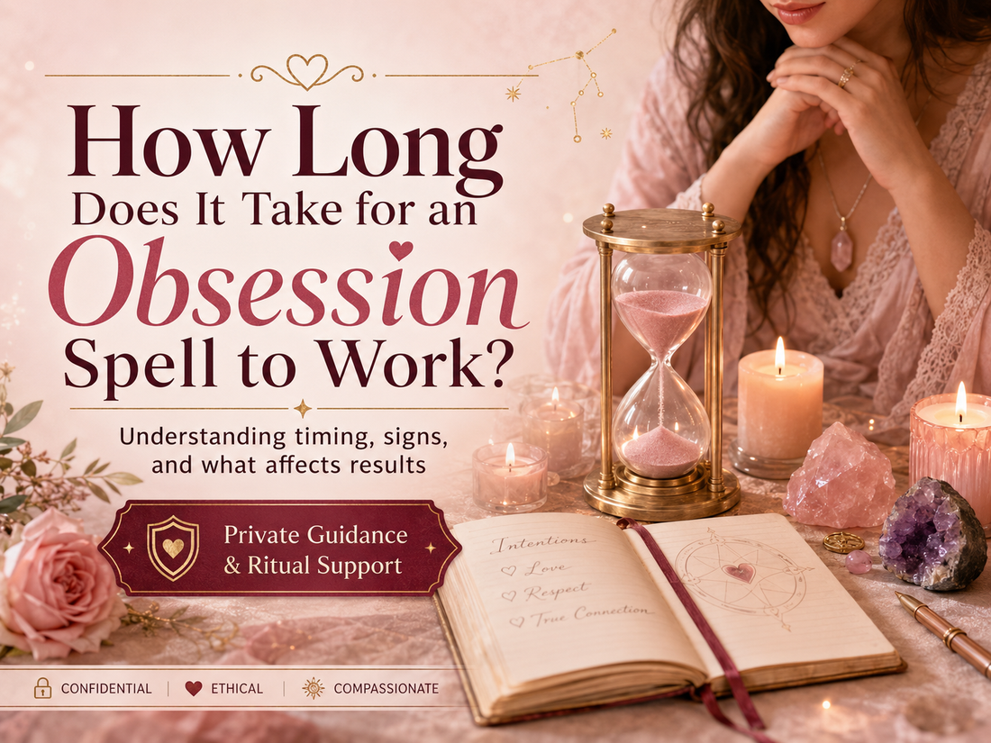 Trust-building blog image for How Long Does It Take for an Obsession Spell to Work, showing a romantic ritual scene with an hourglass, candles, crystals, and a journal to represent timing, signs, and private spiritual guidance.