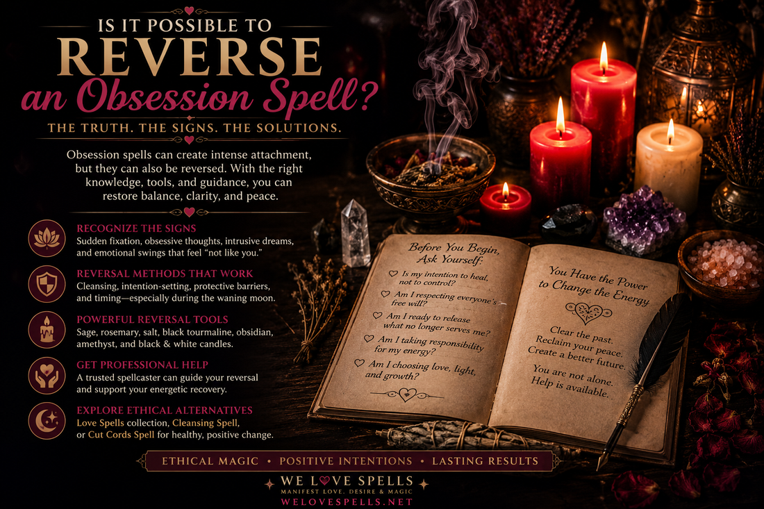 How to break an obsession spell and reverse its effects with cleansing candles, crystals, herbs, and ethical ritual guidance by We Love Spells.