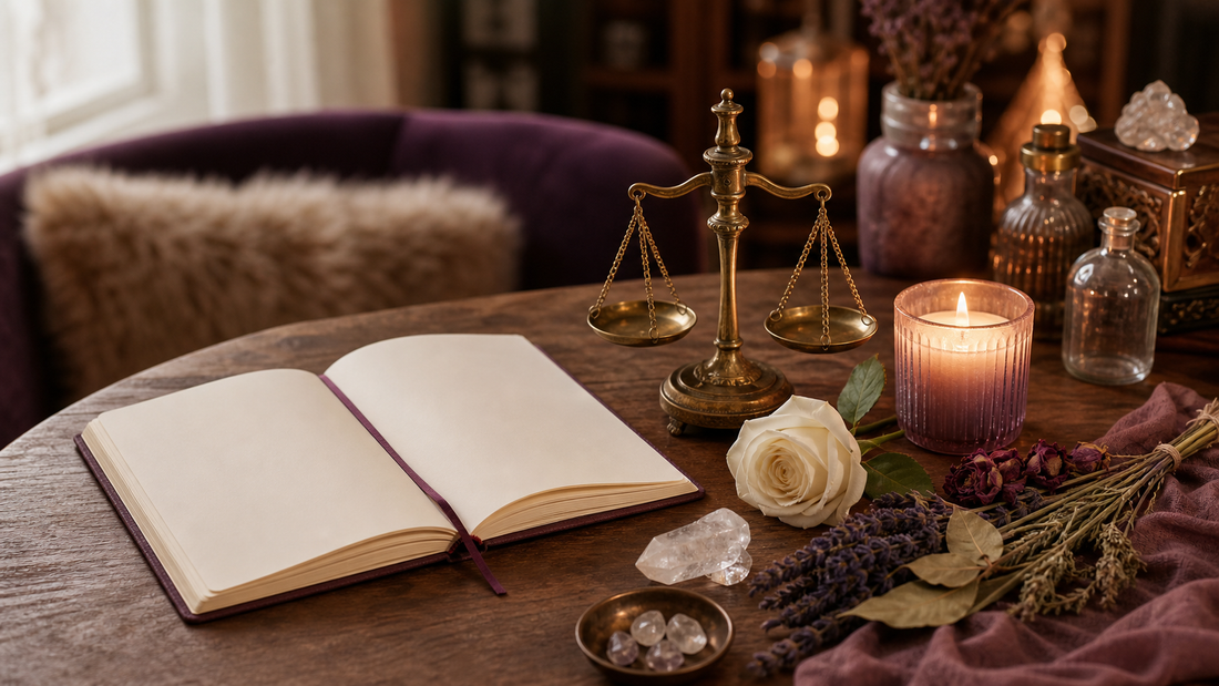 Open journal, balanced brass scales, candle, white rose and crystals representing ethical spell casting.